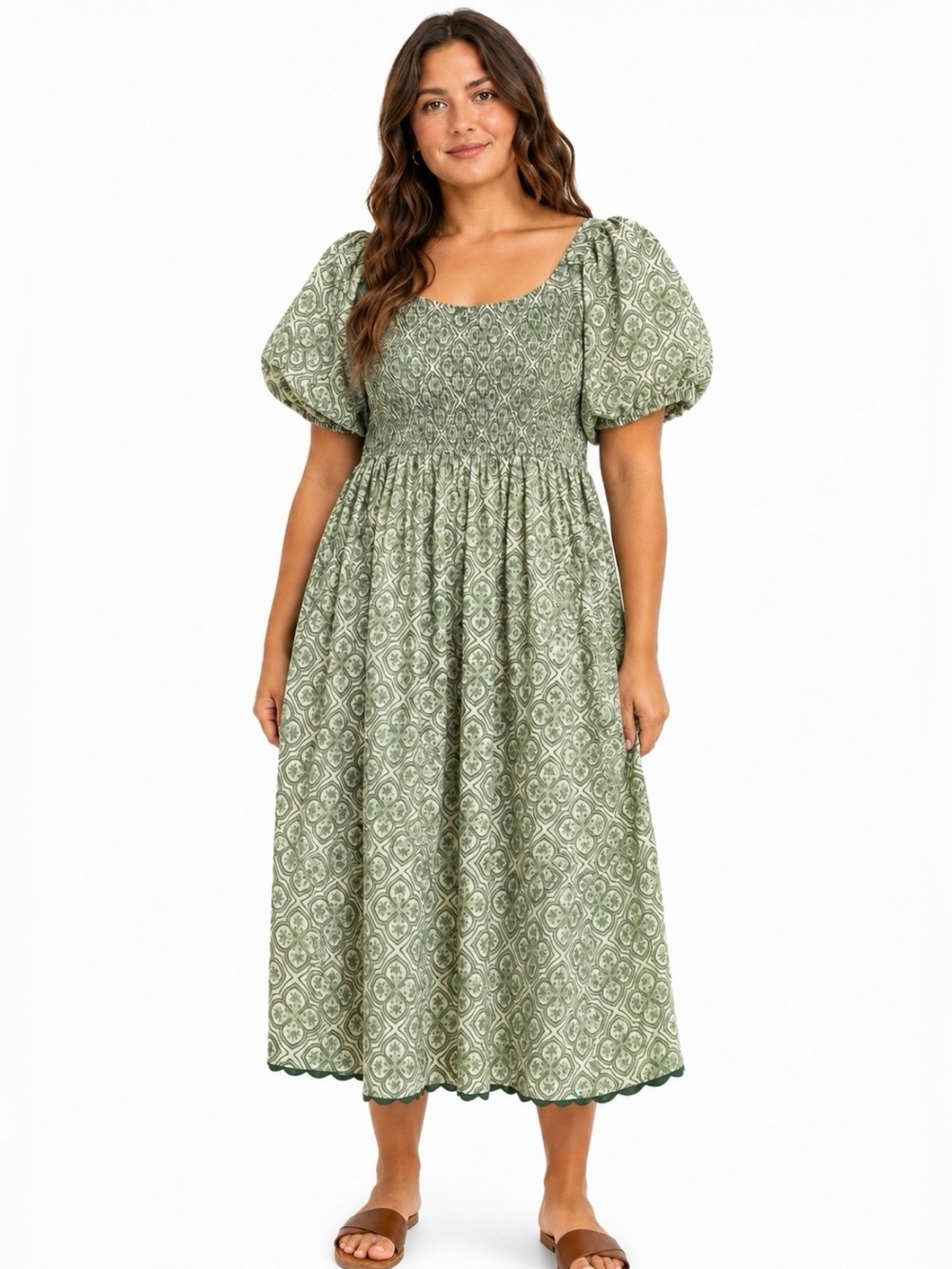 Léa Floral Puff Sleeve Dress 3X Smocked Tiered Cottagecore Green Resort Party